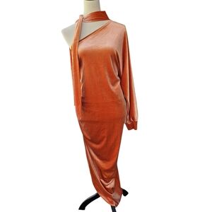 Bar III Elegant One-Shoulder Desert Peach Dress Velvet Ruched Side Size 2X NWT
